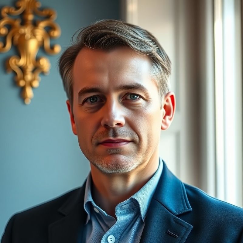 Portrét českého finančního poradce ve 40 letech v modrém saku, přirozené světlo od okna